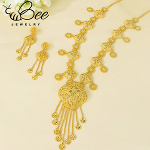 Ensemble de bijoux de mariage sur mesure de luxe Dubaï Habesha plaqué or 24 carats avec collier long et boucles d'oreilles - Product Image 2