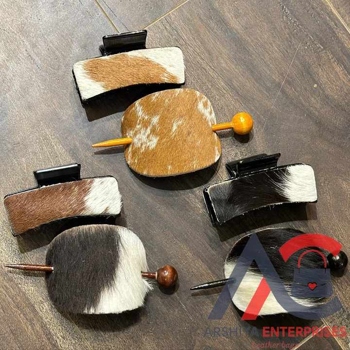 New 2024 Fashion Genuine Leather Hair Claw Western Cowhide Hair Clips & Cowhide Luxury Oval Shaped Hair Stick Women's Sets