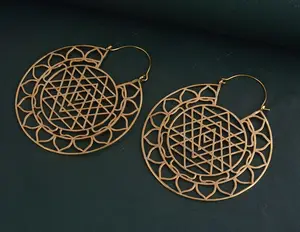 Sri Yantra Big Gold Hoop Earrings Brass Sacred Geometry with Tribal Design Huge Creole Gypsy Hoops for Fashion Jewelry