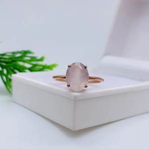 Anillo de corte ovalado solitario de cuarzo rosa de Plata de Ley 925 chapado en oro diseño clásico boda fiesta de compromiso con - Product Image 4