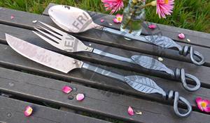 Ensemble de couverts médiévaux en acier et cuivre forgé à la main, très vendu, 3 pièces, ensemble de couverts pour le camping, salle à manger, ensemble de couverts avec manche en feuille, ensemble de fête - Product Image 5