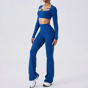 Traje de Yoga de manga larga sólido para mujer, chándal deportivo para gimnasio, entrenamiento, correr, con logotipo frontal, cintura elástica, conjunto de ropa deportiva elegante - Product Image 3