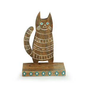 Étagère murale sculptée à la main en forme de chat en bois de manguier pour accrocher des décorations lors d'occasions d'anniversaire ou de mariage - Product Image 1