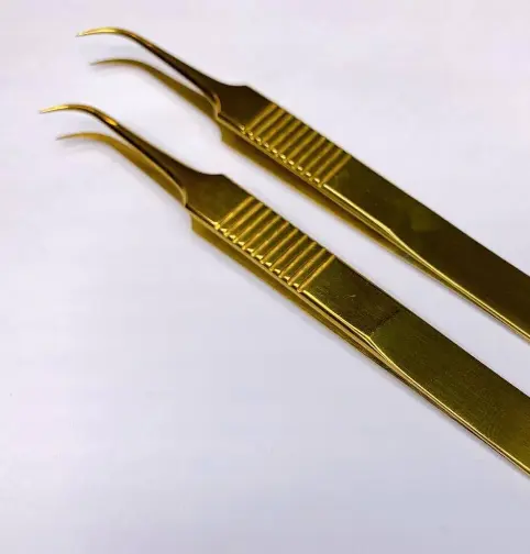 Gold Plated Curved Dumont Eyelash Tweezers With Custom Engraved Private Label