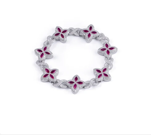 Bracelet en diamant : Bracelet de luxe en argent sterling 925 avec fleur en rubis et diamant - Product Image 1
