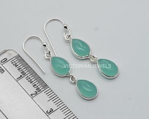 925 argent sterling massif Aqua calcédoine mai mois pierre de naissance deux pierres crochet boucle d'oreille - Product Image 4
