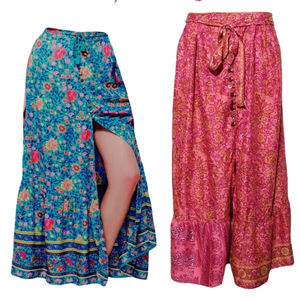 Traditional Silk Saree <b>Skirt</b> <b>Boho</b> <b>Maxi</b> Style with Elastic Waist Vintage Summer Festival or Casual Wear New Fabric - Product Image 1