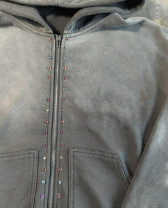 Unisex <b>Vintage</b> Rhinestone Hoodies | Gray Stone Wash Stones On <b>Zip</b> Oversized Streetwear Studded <b>Hoodie</b> for Men Women USA Style - Product Image 4