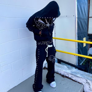 Conjunto Deportivo Personalizado para Hombre, Informal, Transpirable, de Algodón Mezclado, Teñido, 440g, Pantalones Deportivos, Sudadera con Cremallera, Cintura Media, Frente Plano - Product Image 3