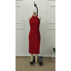 Vestido midi de crepé importado con un solo hombro descubierto, detalle de lazo y abertura frontal para mujer, 35008 - Rojo - Product Image 4