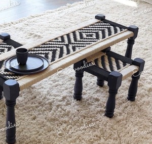 Tabouret en osier pouf en bois d'excellente facture corde de coton noir et blanc banc en bois 2 places Console incrustée d'os - Product Image 3