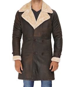 Softshell-abrigo de cuero marrón para hombre, doble botonadura, Sherpa, personalizado completo con collar de sherpa amplio y botón, dos bolsillos para exterior - Product Image 5