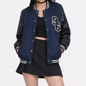 Veste universitaire classique pour femme en toile imperméable réversible bleu marine et noir, style Letterman, boutonnée, pour le baseball et le streetwear décontracté - Product Image 1