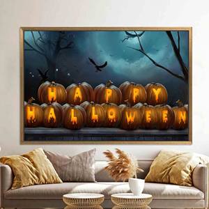 Arte de pared en lienzo impreso de Happy Halloween, decoración elegante para el hogar, 1 pieza: con marco dorado - Product Image 1