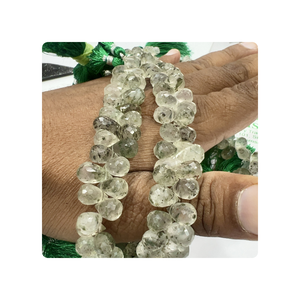 Natural Green Rutilated Quartz Faceted Briolette Teardrops 8 Inch Strand Size 5 to 7mm Approx <b>Cushion</b> Cut Gemstone Beads - Product Image 1