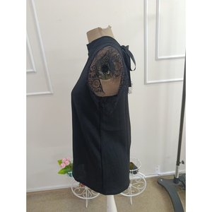 Women'<b>s</b> Short-Sleeved Aerobin <b>Blouse</b> with Lace Sleeve Detail <b>and</b> Ribbon Tie Neckline, 37074 - Black - Product Image 6