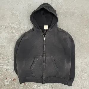 Custom Sun Faded Unisex Zipper Hoodie French Terry Blank Full Zip up Vintage Acid Wash Distressed Heavyweight Hoodies - Product Image 2