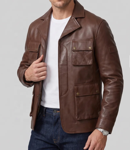 Veste en cuir marron pour homme Leather Cult, style workwear, col rabattu, quatre poches, coupe classique, pour l'automne - Product Image 1