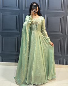 Indien ethnique soie Anarkali bleu musulman Eid robe lourde brodé Dupatta manches longues évasées longue fête de mariage Nikkah - Product Image 2