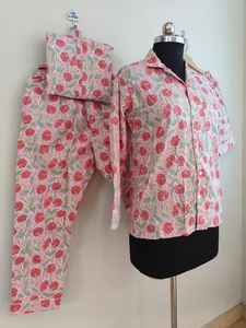 Women's 100% Cotton V-Neck Long Sleeve Lounge <b>Sleep</b> Set-Button Fly Jogger Pants Floral Print Full-Length Luxury Summer Pajamas - Product Image 3