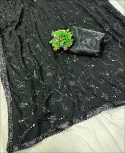 Sari vintage en filet noir avec blouse, travail de paillettes, tenue indienne pour femmes, design dessiné à la main, séchage rapide, sans plis, fêtes, mariages - Product Image 4