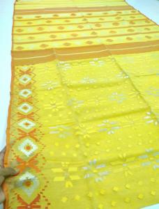 Exclusiva calidad de exportación amarillo Deshi Dhakai Jamdani Sharee para mujeres JAMDANI tela rojo verde dorado cielo azul de Bangladesh - Product Image 2