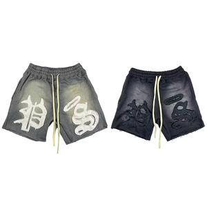 กางเกงขาสั้นสำหรับผู้ชายกางเกงเอวสูงผ้าคอตตอน100% ซีดจางไม่ซ้ำใครดีไซน์ลายสตรีทเอวยางยืด - Product Image 1