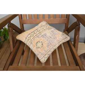 Beige Wool Kantha Patchwork <b>Bolster</b> <b>Pillow</b> 12x12 Inch Boho Woven Embroidered Printed Floral Square Vintage Design Rustic Floor - Product Image 4