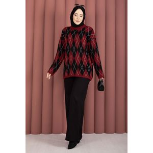 Pull d'hiver décontracté Softie, motif baklava bordeaux-noir, tricot confortable et élégant - Product Image 4