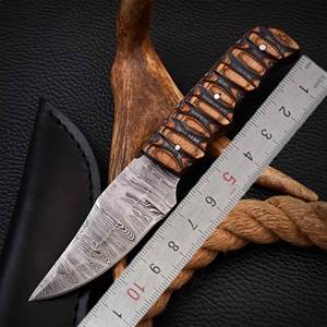 Custom Handmade Damascus Steel Hunting Skinner <b>Knife</b> Brown Wood Handle and Natural Leather <b>Sheath</b> OEM Supported - Product Image 2