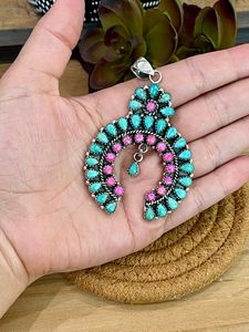 Hecho a mano plata esterlina turquesa y Rosa ópalo de fuego racimo Naja colgante negrita suroeste joyería artesanal - Product Image 4