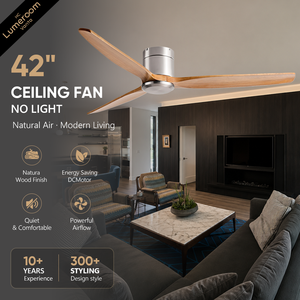 42 Inch Contemporary Wood Ceiling <b>Fan</b> Without Light <b>with</b> 3 Solid Wood Blades Brushed Nickel Flush Mount Design - Product Image 1