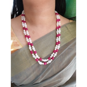 डबल स्ट्रैंड रूबी गुलाबी सफेद मोती से लहरा हुआ हार का लंबी माला फैशन सहायक उत्सव भारतीय गहने थोक - Product Image 2