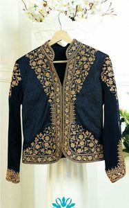 Embellish of Crystal Beads, Pearls, Glass Stone Decorative Jacket on Velvet/Raw Silk Fabric for Party-Wear - Product Image 2