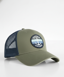 Gorra Trucker Náutica Bordada Personalizada |   Gorra de Malla Verde Oliva y Azul Marino con Diseño de Ancla para Deportes y Viajes - Product Image 4