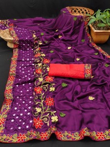 Saree en soie Rangoli avec travail de broderie Collection de saris indiens de créateur élégant parfait pour le mariage de mariée - Product Image 3