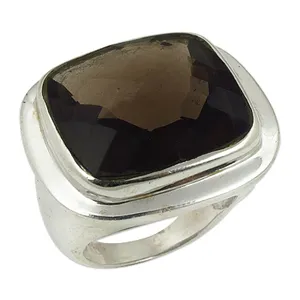 925 Silver Smoky Quartz <b>Statement</b> <b>Ring</b> for Women Handmade Boho Jewelry with Geometric Pattern Platinum Topaz Lovers Cut/Cab - Product Image 1
