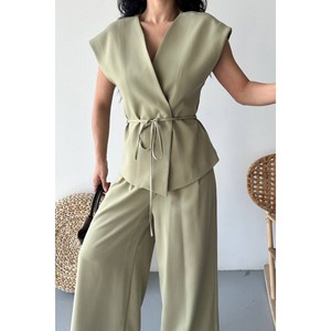 Giacca Kimono estiva in due pezzi a maniche corte da donna con pantaloni Palazzo dal taglio ampio e lacci - Product Image 3