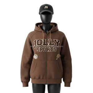 Sudadera con Capucha y Cremallera para Mujer, de Algodón y Poliéster, Color Marrón, Paneles en las Mangas, Logotipo Bordado Personalizado, Estilo Deportivo - Product Image 1