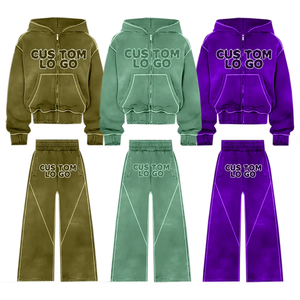 High Quality Printed Breathable 100% Cotton Lightweight Men <b>Distressed</b> Patch Flare Hoodie Set Tracksuits Streetwear for Winter - Product Image 3