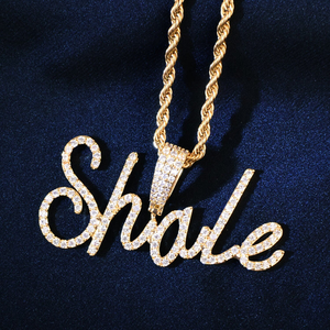 Nom personnalisé collier pendentif cursif avec chaîne de tennis plaqué or Bling Moissanite pierre personnalisée toutes les lettres ou mots - Product Image 1