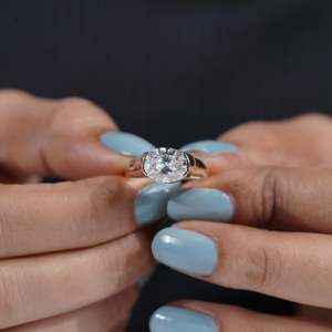 East West IGI Certified Diamond <b>Ring</b> Oval Engagement Half Bezel Set Solitaire with <b>Thick</b> Band - Product Image 6