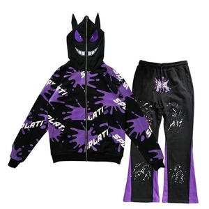 Pantalones de chándal acampanados con estampado de abullonado y cremallera completa personalizada, conjuntos de sudadera con orejas de algodón pesado, chándal acampanado Unisex para - Product Image 1