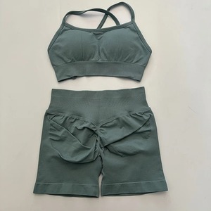 Conjunto de gimnasio de Yoga para mujer, 2 piezas, antiestático, sin costuras, Spandex/nailon, pantalones cortos de entrenamiento, Sujetador deportivo sin espalda, pantalones cortos para Fitness - Product Image 6