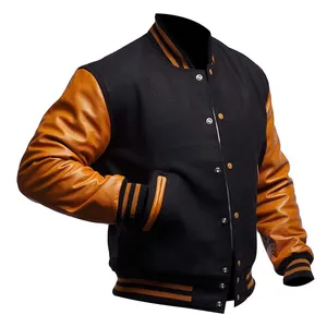 Veste varsity noire pour homme avec manches en cuir marron, boutons sur le devant, col montant, vêtement décontracté d'automne, coupe classique - Product Image 1