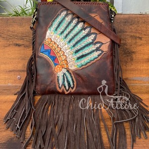 Hot Selling Women's Genuine Leather Crossbody Purse Western Floral Bucket Large Fringe Concealed Carry Zipper Hand Tooled Nylon - Product Image 1