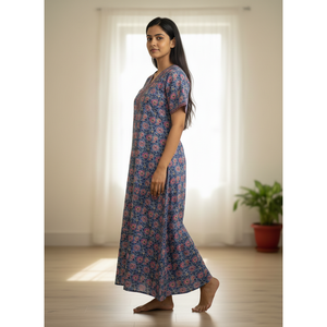 Vestido de Dormir 100% Algodón con Estampado Jaal Hecho a Mano, Camisón Suave Tejido con Diseño Floral y Cierre de Botones, Talla 3XL para Damas de Honor - Product Image 2