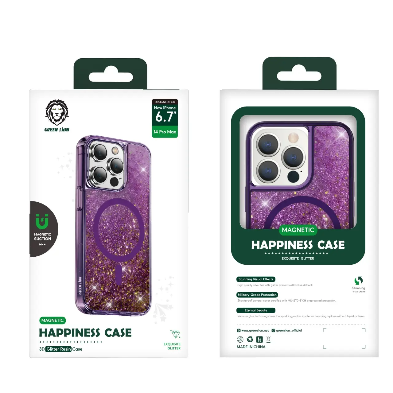 Green Lion Happiness 3D Magnetic Glitter Resin Case for iPhone 14 Plus Pro Pro Max
