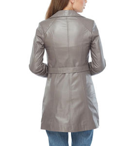 Abrigo largo de cuero genuino Abrigo de cuero gris con cinturón Gabardina de cuero de piel de cordero genuino para mujer - Product Image 6