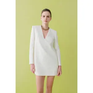 In Stock White Short Women's Dress V-neck Long Sleeves Loose Fit Back Zip PHOEBE MINI DRESS Custom Labels Tags WHITE ANT Vietnam